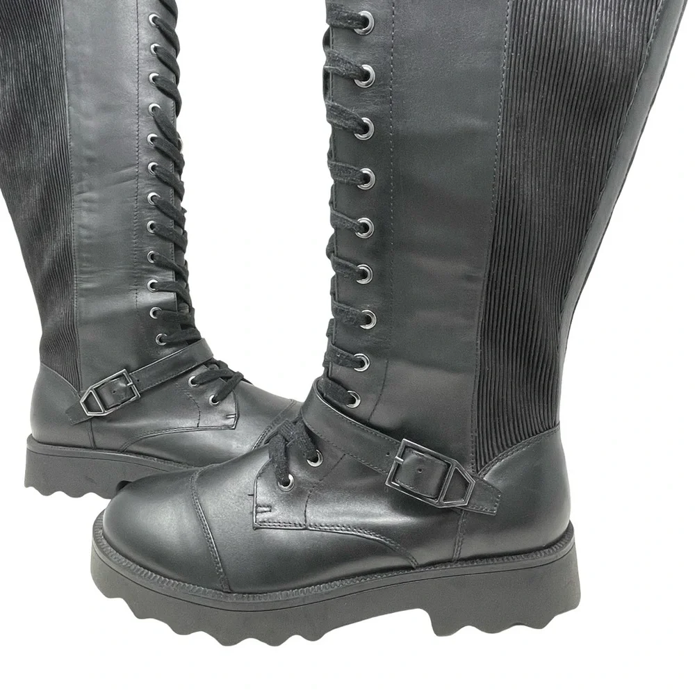 Aerosoles Sondra Black Leather Lace-Up Knee High Boots, Size US 10 NWT - Picture 2 of 10